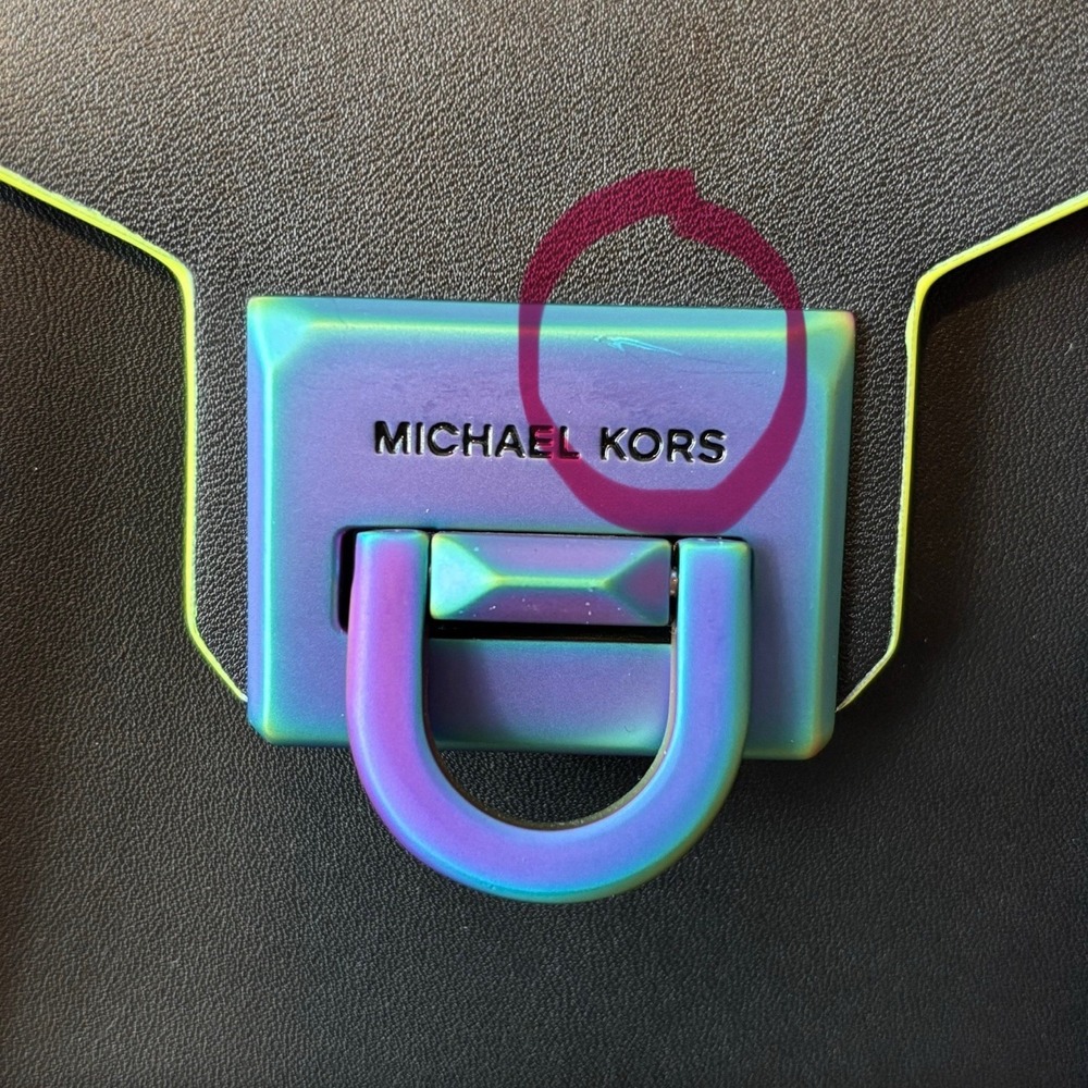 Michael Kors Manhattan Black Medium Leather Unique Satchel Neon Colors Crossbody - Picture 16 of 16
